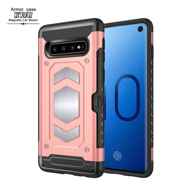 Wholesale Galaxy S10 Metallic Plate Case Work with Magnetic Holder and Card Slot (Rose Gold)
